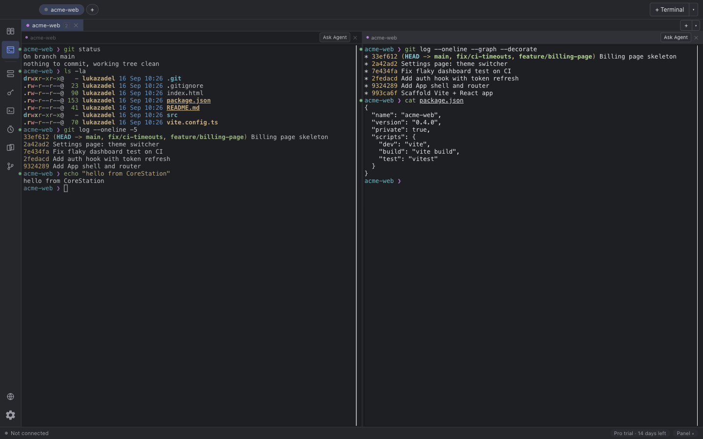 CoreCohort with a terminal, command blocks and the git panel open